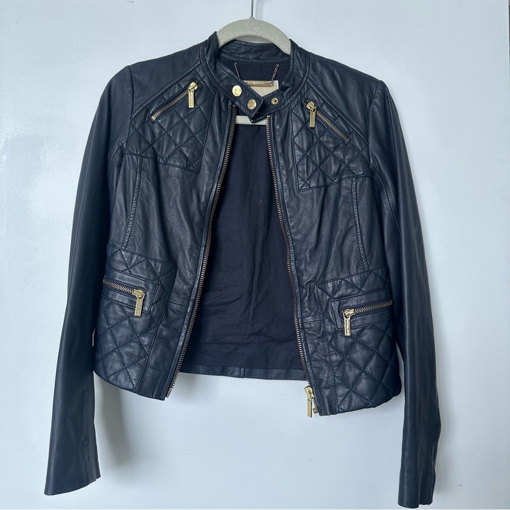 Michael Kors Navy Blue Quilted Leather Jacket